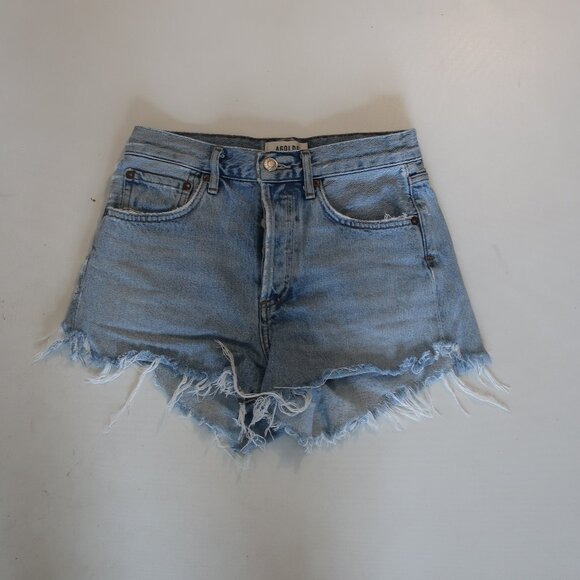 Womens Agolde Style A026B-1141 Parker Blue Distressed Button Fly Denim Shorts 23 - Picture 1 of 6